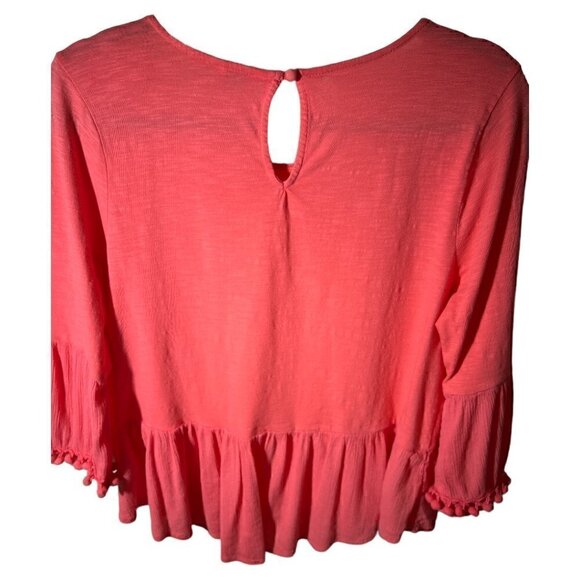 Crown & Ivy Coral Pink Peplum Ruffle Top with Pom Pom Bell Sleeve Trim  Size MP - Picture 4 of 8